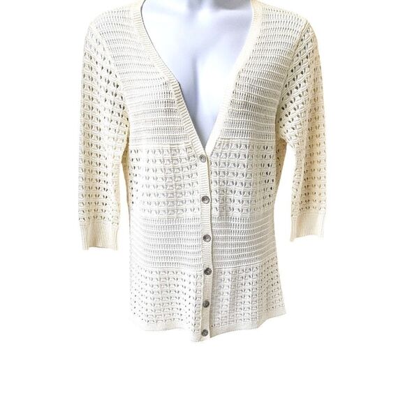 DKNY JEANS Women's V- Neck Open Knit Cream Colored Cardigan Sweater Size XL - Picture 3 of 15